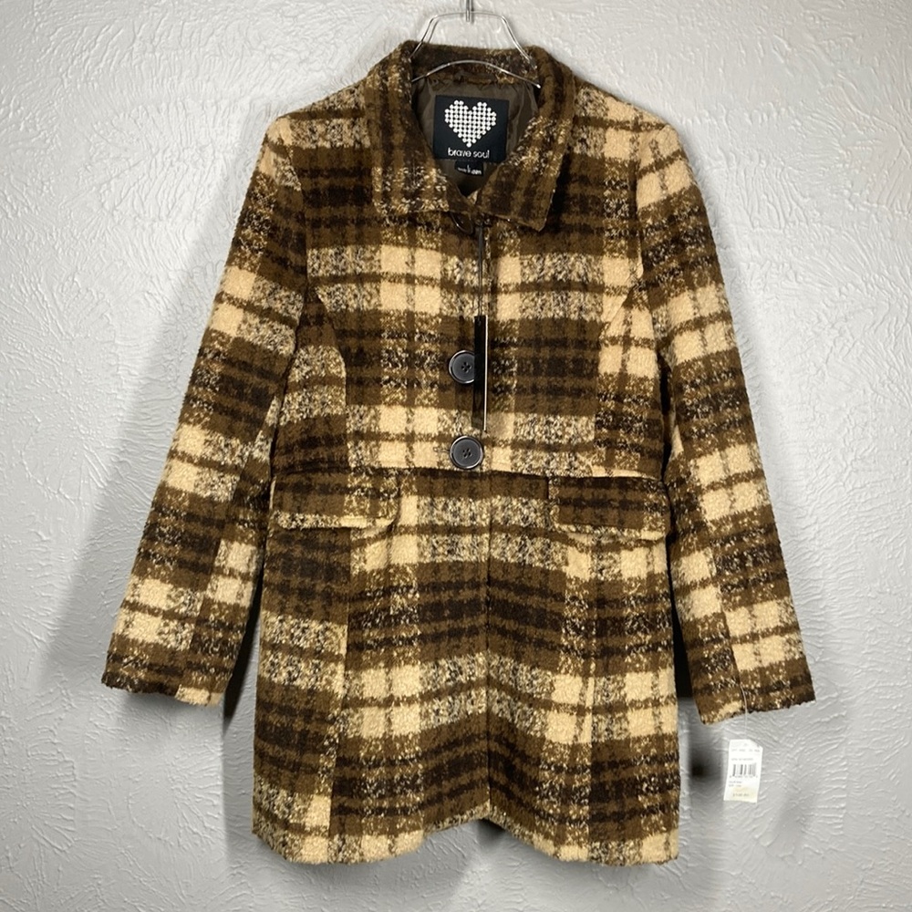 NWT Brave Soul Brown Plaid Peacoat Jacket Women's Size Large